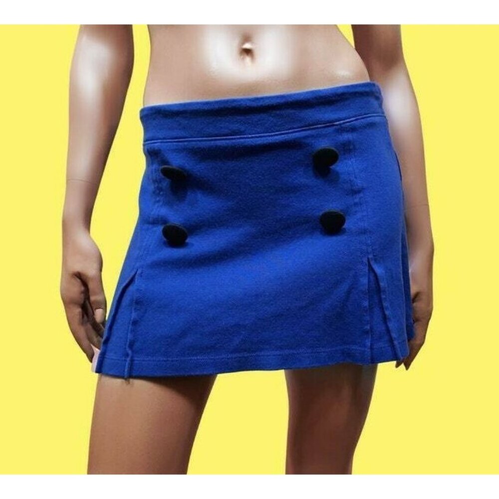 Y2K Le Chateau Blue Pleated Stretch Mini Skirt Size XS Black Oversized Buttons